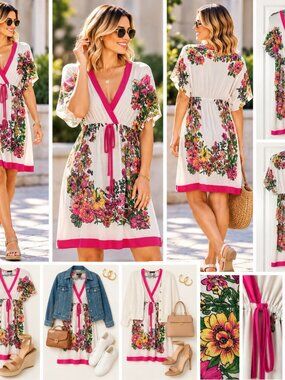 VENUS Floral Surplice Dress Pink White Kimono Sleeve Size M